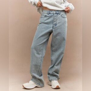 Misguided 30 Blue Boyfriend Jeans wide leg straight striped L long tall denim